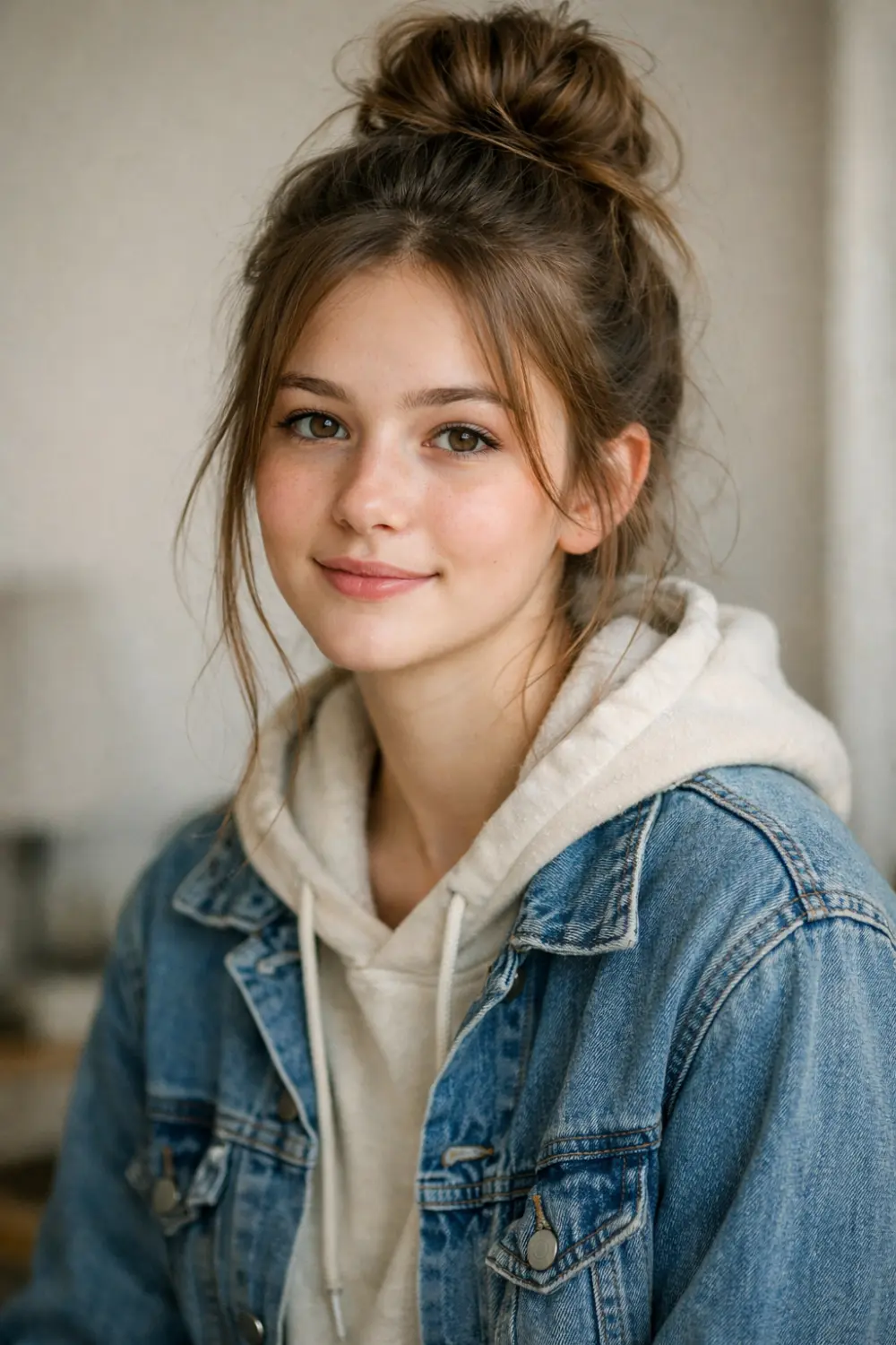 Messy bun hairstyle for school girls with soft loose strands framing the face, relaxed everyday hairstyle idea that looks cute, trendy, and perfect for quick school mornings.