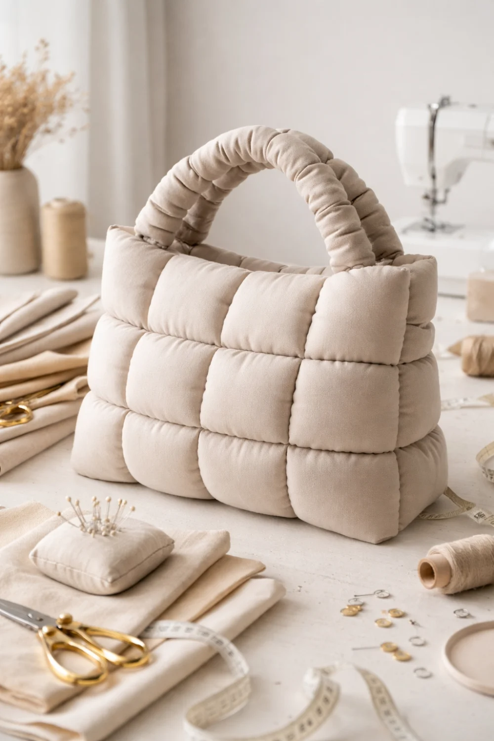 Trendy puffy quilted pillow handbag sewing pattern on a sewing workspace with fabric, scissors and sewing tools, modern DIY handbag project trending on Pinterest sewing boards