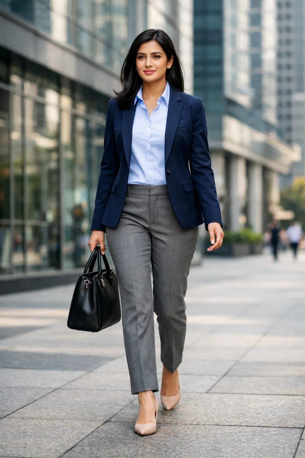 navy blazer grey trousers career fair business outfit women interview look