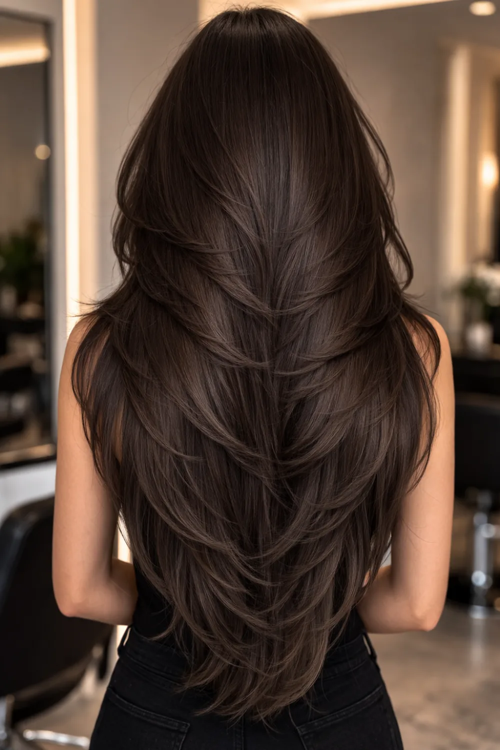long V shape layered haircut back view with tapered pointed ends, smooth glossy long hair, dramatic V cut hairstyle inspiration