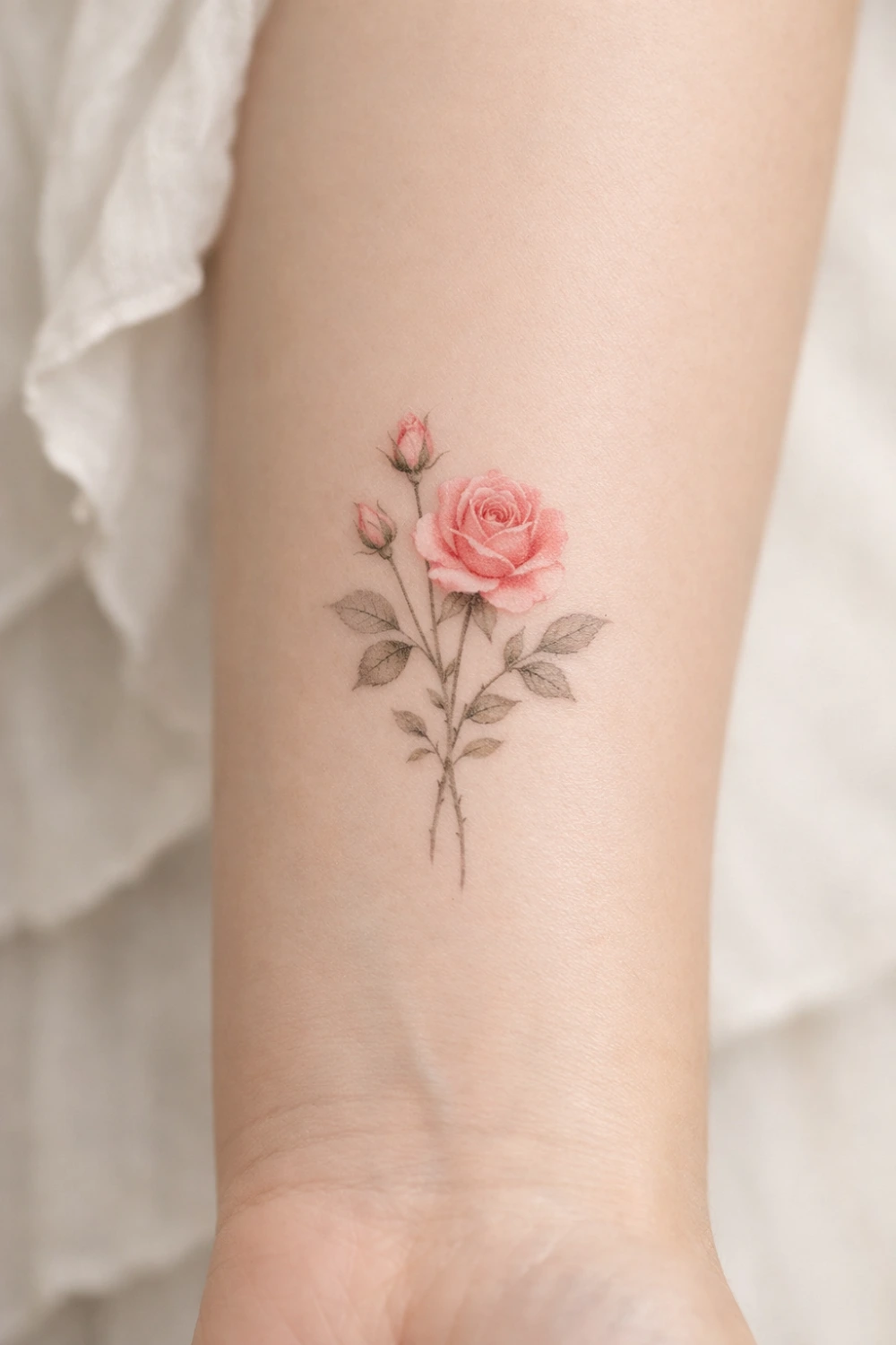 small rose tattoo with soft pink petals and fine line leaves, elegant floral tattoo design on wrist, feminine minimalist tattoo idea symbolizing love beauty and passion