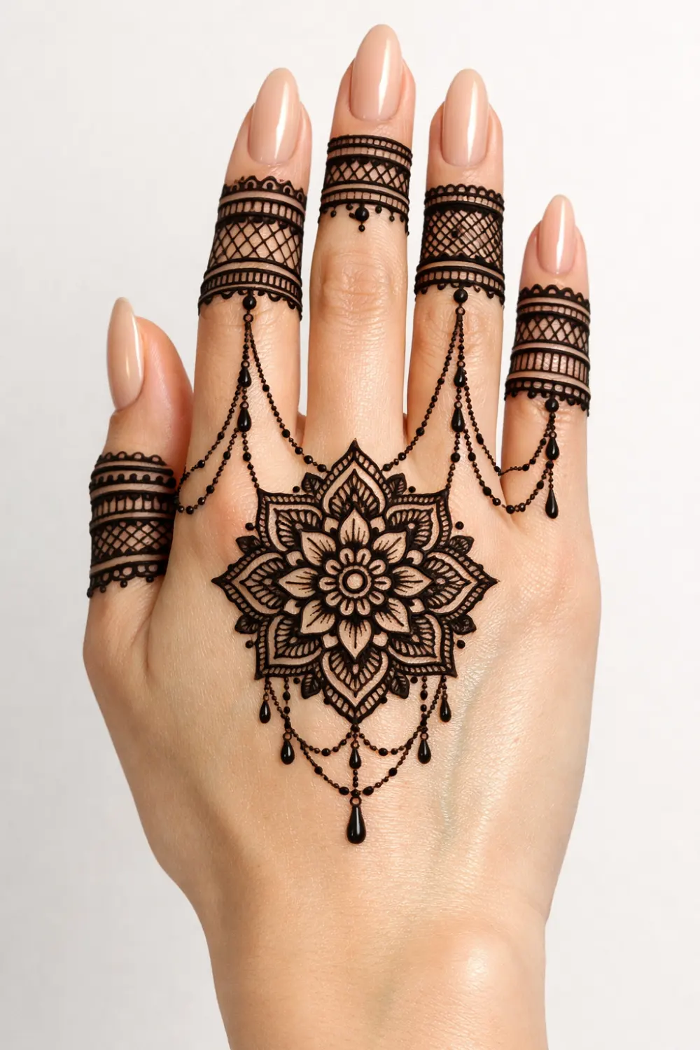 royal mandala hand harness arabic mehndi heavy bridal back hand design with finger net pattern