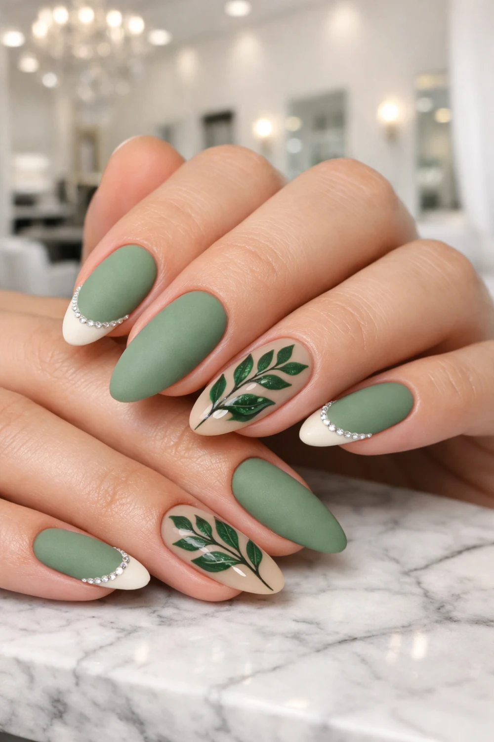 matte sage green almond nails with botanical leaf nail art design and soft french tips trendy nature inspired matte nail manicure