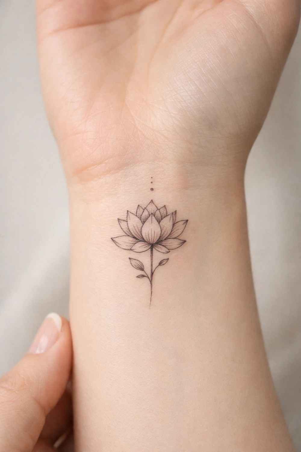 lotus flower wrist tattoo with clean fine line petals, minimalist spiritual tattoo design placed on the inner wrist, elegant small lotus tattoo idea symbolizing purity strength and growth