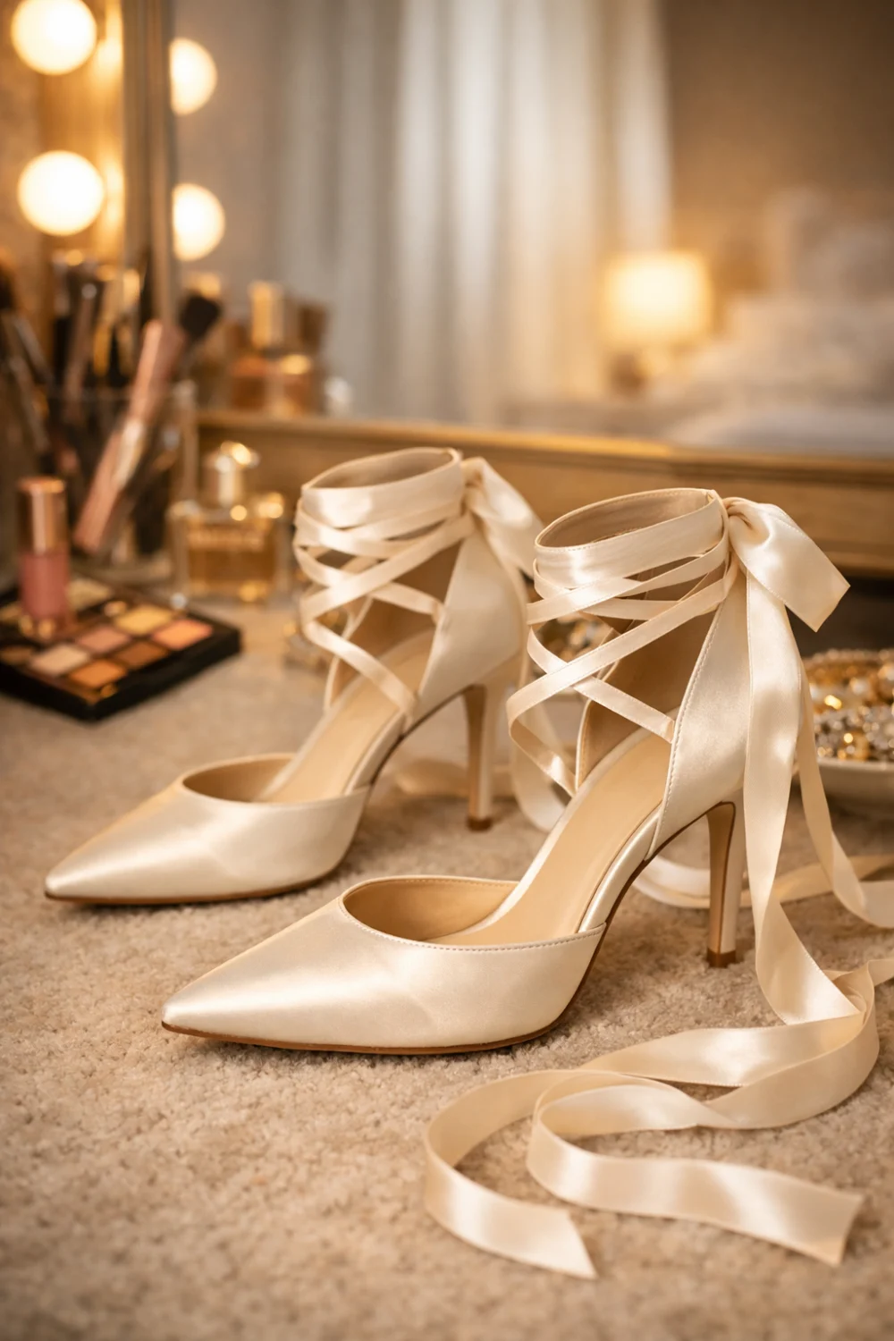 ivory satin lace up prom heels ribbon wrap ankle heels elegant pointed toe prom shoes romantic prom footwear idea