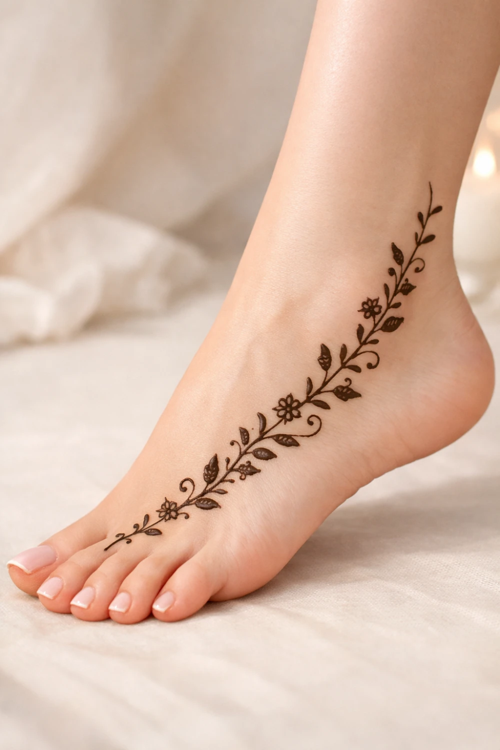 Minimal vine mehndi pattern flowing along the side of the foot