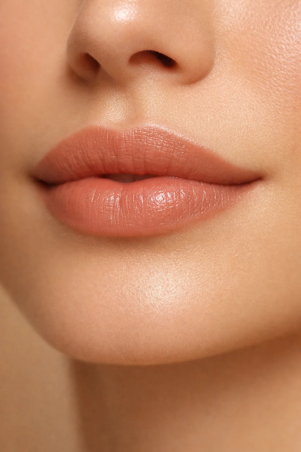 Soft peach lipstick shade on natural lips glowing everyday makeup