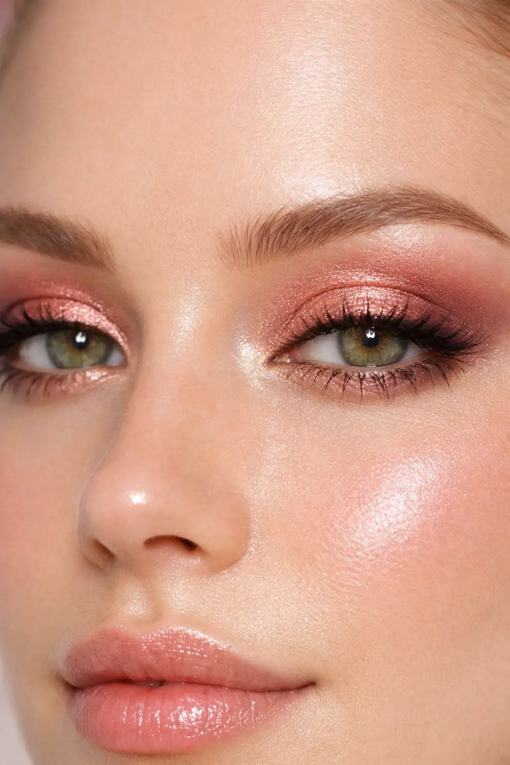 rosy pink soft glam eyeshadow look for green eyes with shimmery pink lid and blended mauve crease feminine makeup