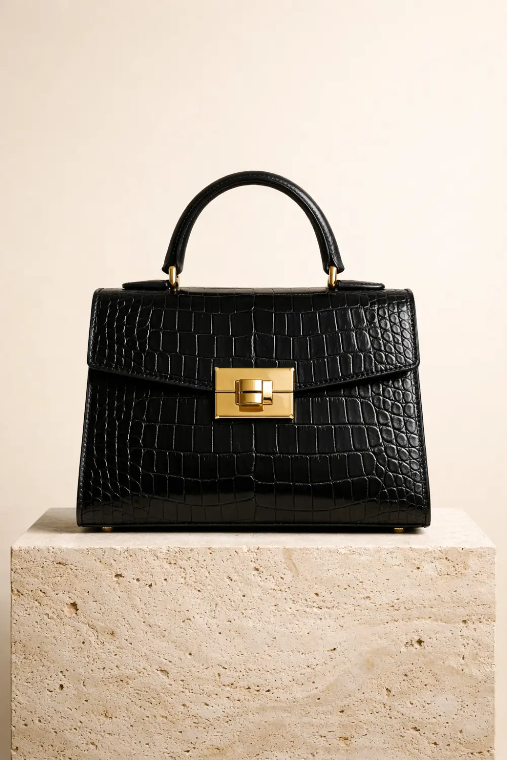 Black crocodile embossed handbag with gold clasp on pedestal