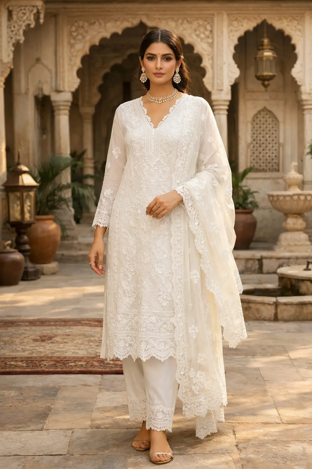 White chikankari Anarkali suit with delicate embroidery elegant traditional Indian outfit