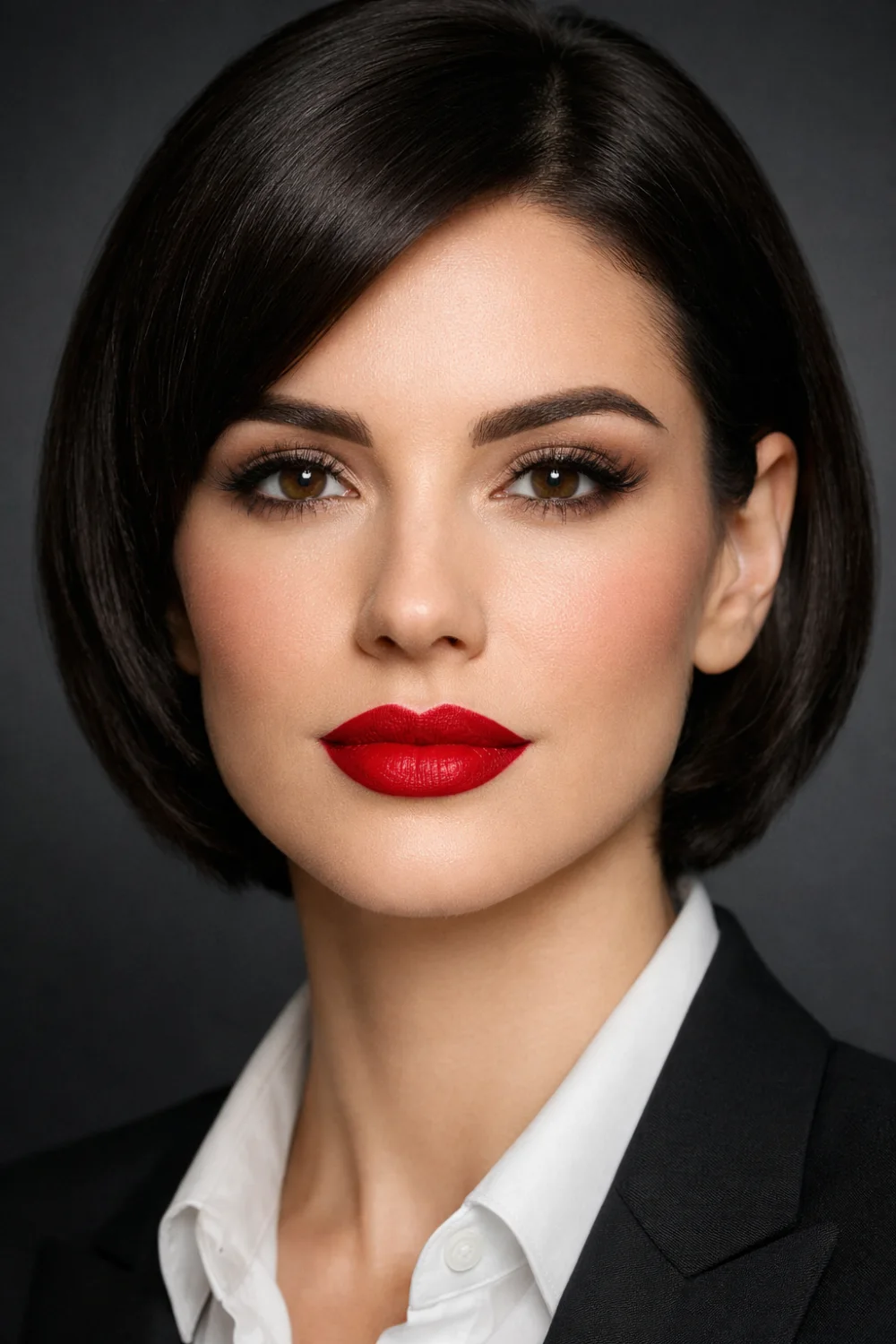 classic red lip formal makeup look for work with bold red lipstick, neutral eye makeup, smooth foundation, and defined brows