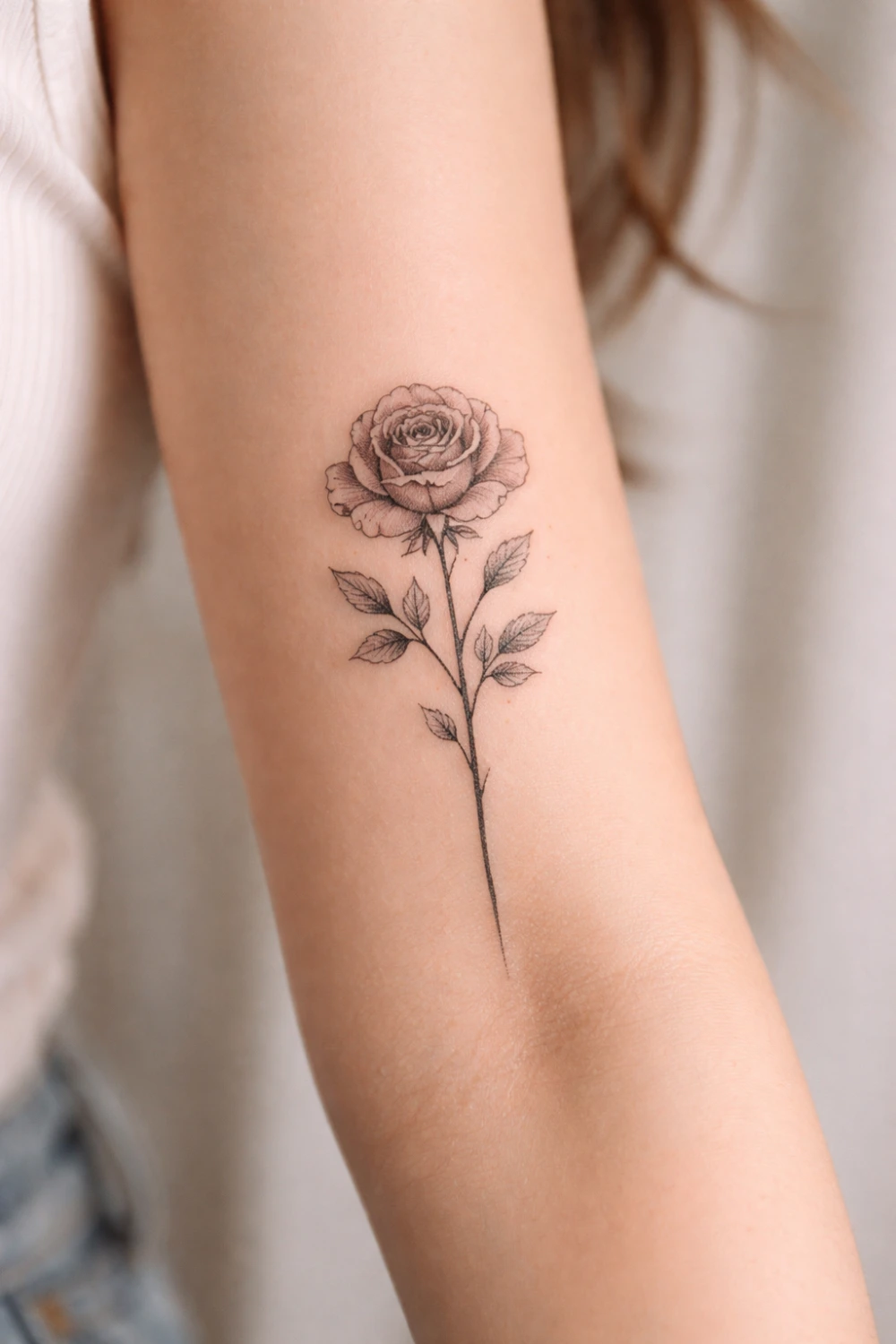 rose forearm tattoo for women fine line floral tattoo elegant minimalist arm tattoo design