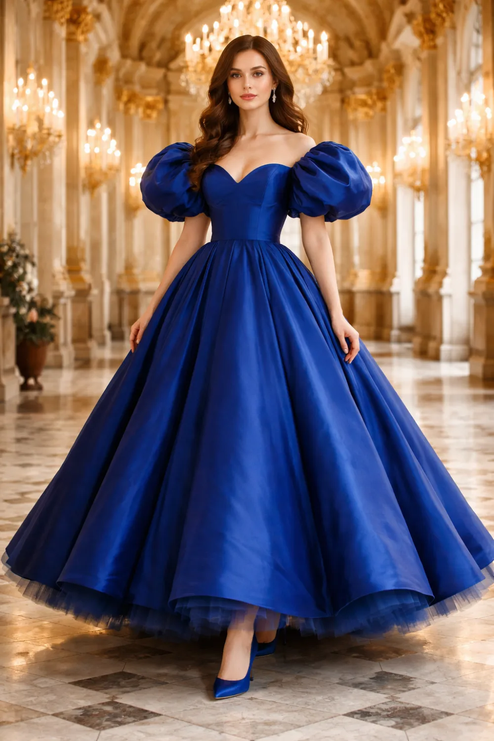 royal blue puff sleeve dress dramatic elegant spring outfit statement look