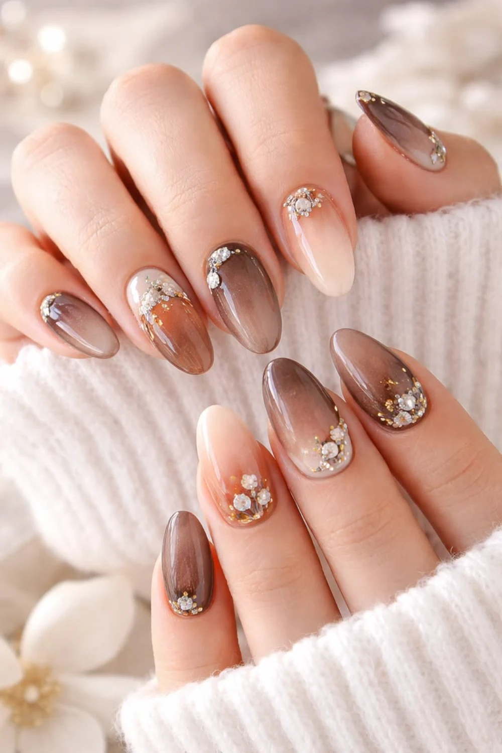 mocha brown ombre nails with gold foil and crystals elegant fall nails