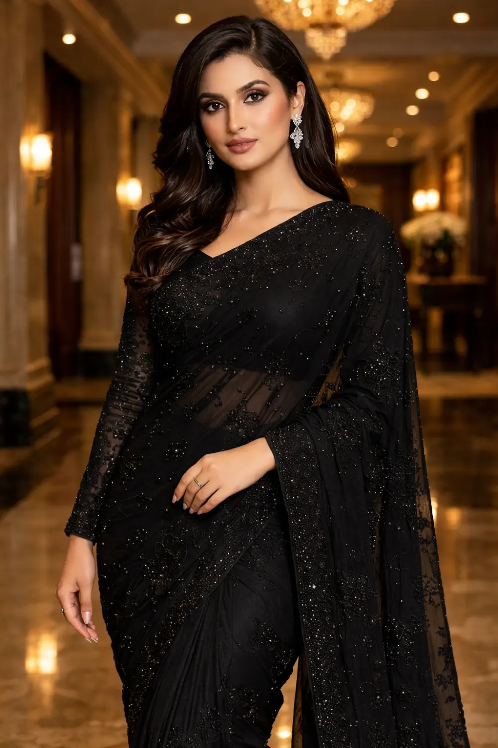 black sequin luxury net saree glamorous evening party designer saree cocktail night outfit