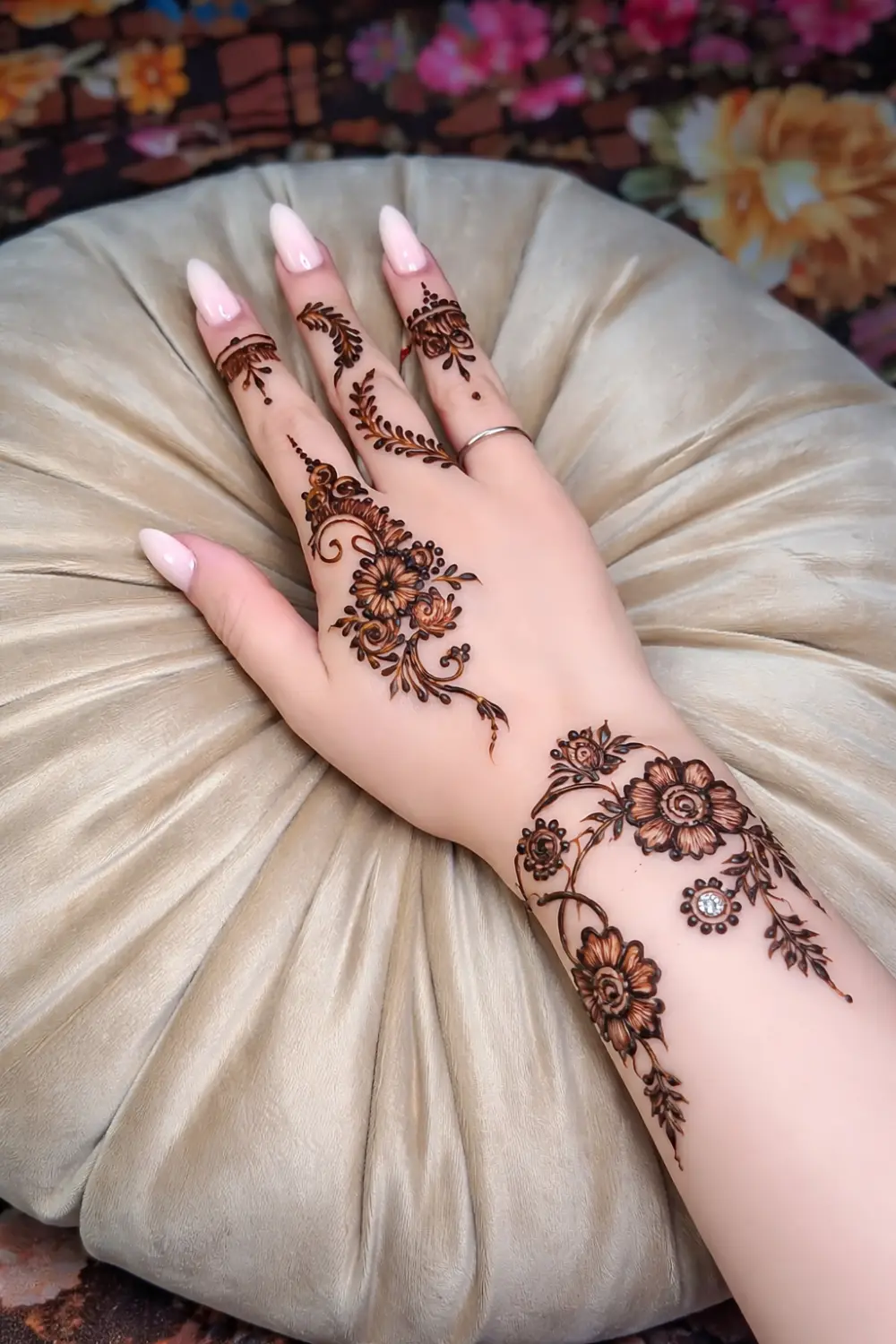 floral wrist mehndi design minimal modern henna elegant look