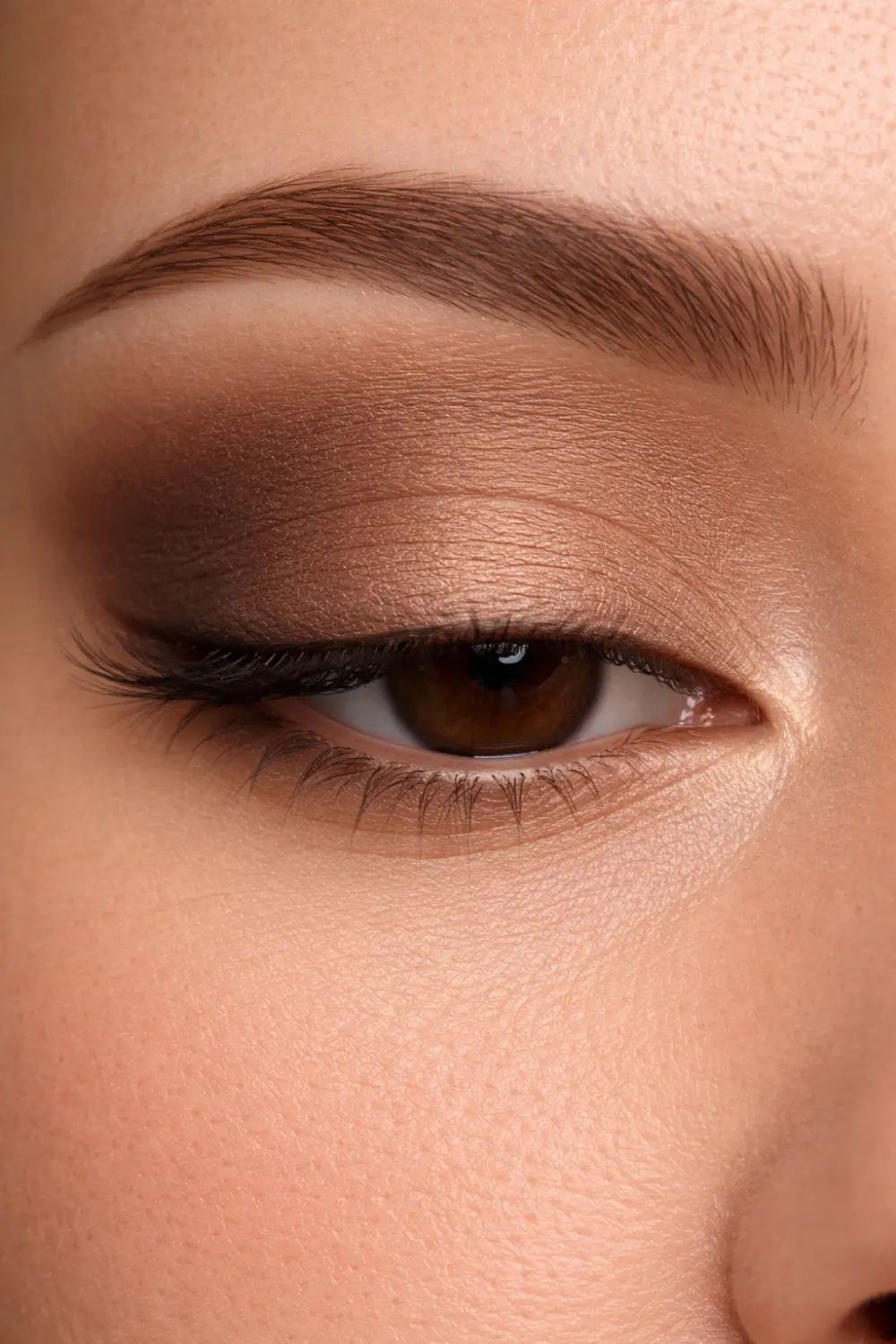 Champagne shimmer eyeshadow look for brown eyes close up with soft taupe crease and glowing inner corner elegant neutral glam makeup