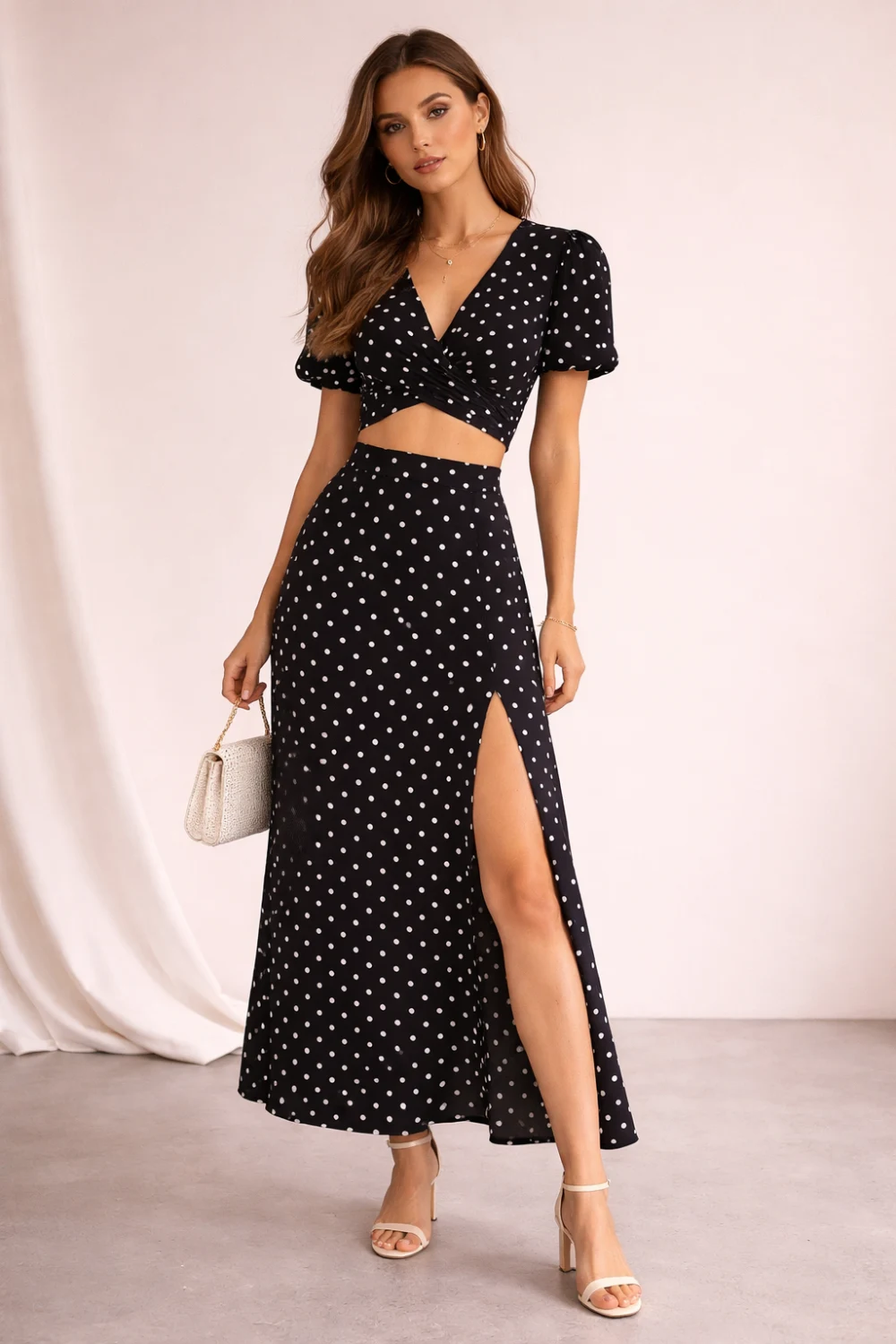 woman wearing matching black polka dot crop top and high slit maxi skirt set with heels, elegant summer outfit with stylish coordinated fashion look