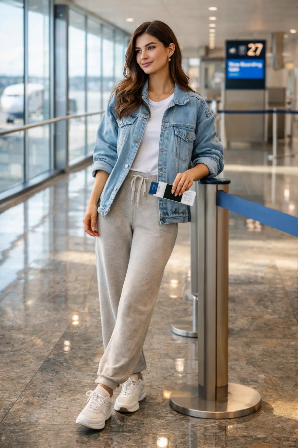 denim jacket and joggers airport outfit idea casual travel style with white sneakers chic airport fashion look