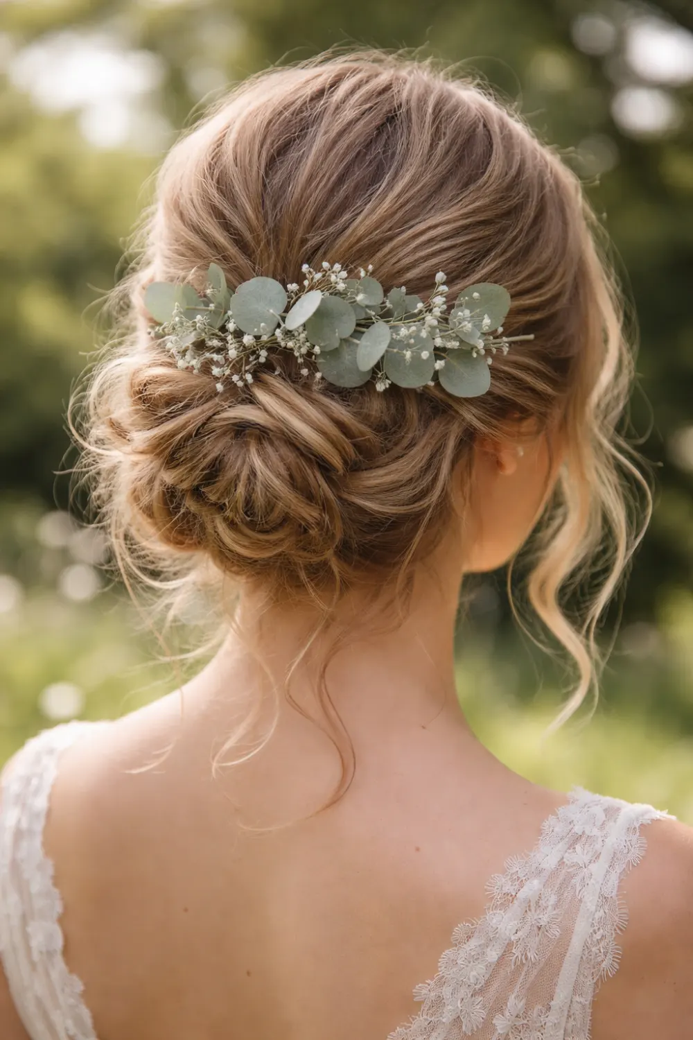 eucalyptus greenery floral hair comb styled in textured low bun bridal hairstyle natural botanical wedding hair accessory idea for outdoor garden weddings
