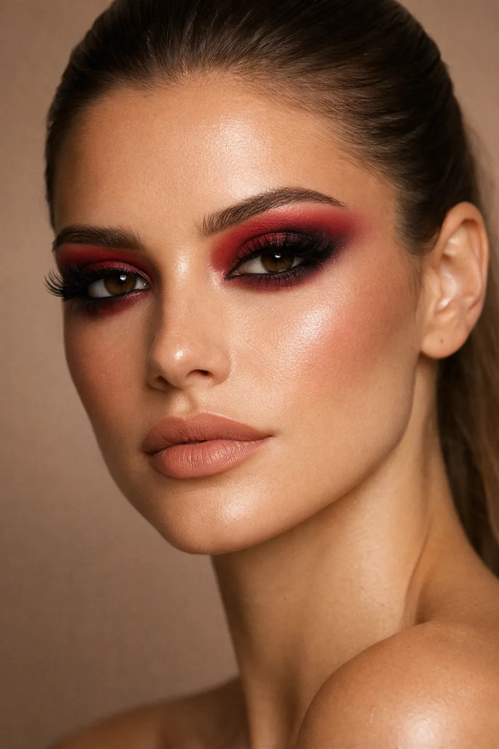 Cherry red smokey eye makeup look with dramatic lashes and glowing skin creating a bold glamorous beauty style perfect for evening party makeup inspiration