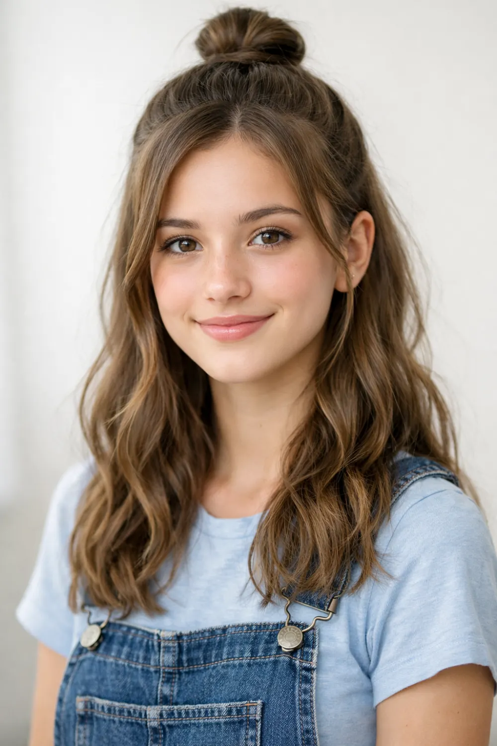 Half up half down hairstyle for school girls with soft natural waves and top section tied neatly, simple cute school hairstyle idea that looks stylish and effortless.