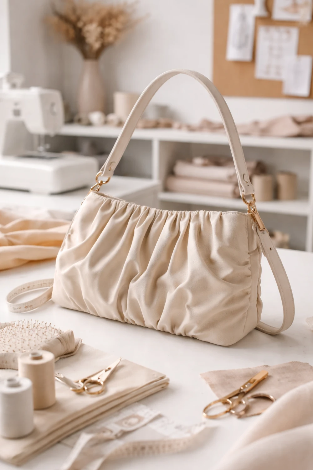 Elegant ruched shoulder handbag sewing pattern on a sewing workspace with scissors, fabric pieces and sewing tools, modern gathered bag design trending for DIY fashion sewing