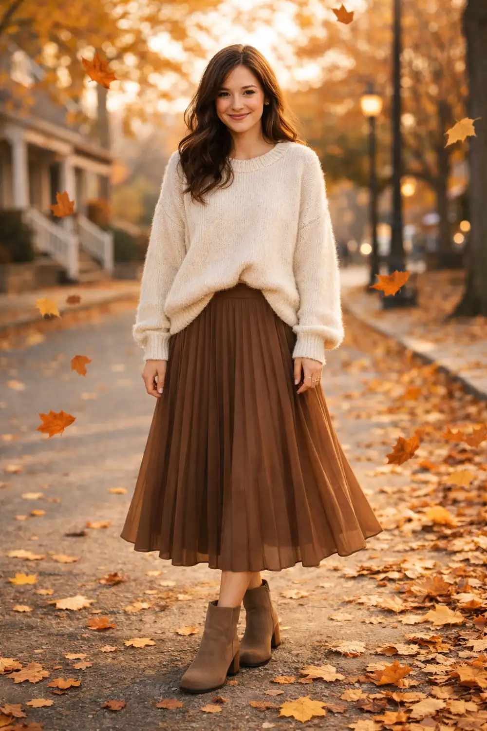Cozy modest outfit featuring a pleated midi skirt paired with a soft oversized sweater, styled for a warm and feminine fall modest fashion look.