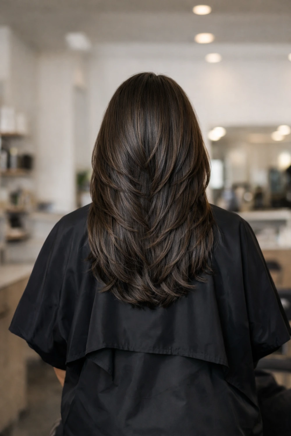 medium U shape layered haircut back view with soft rounded ends, healthy glossy medium hair, clean salon haircut inspiration