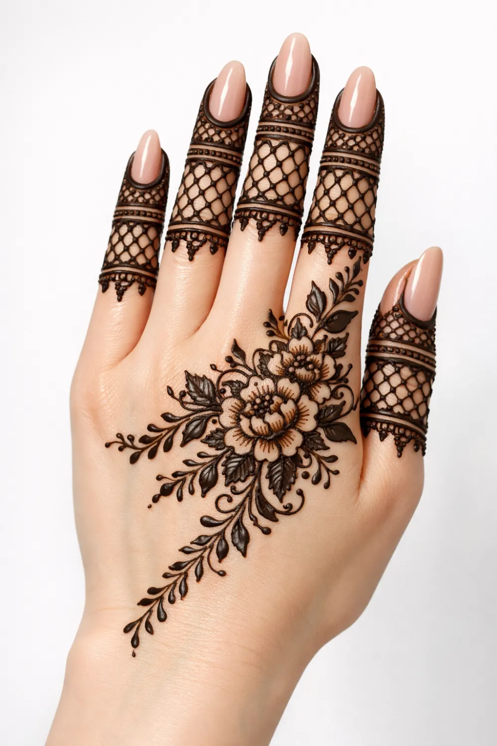 floral net finger arabic mehndi design heavy finger mehndi with elegant back hand flower pattern