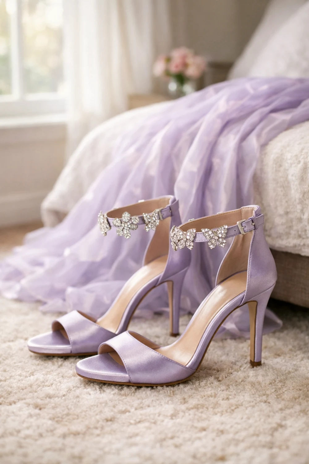 lavender satin butterfly strap prom heels crystal butterfly ankle strap heels pastel prom shoes dreamy prom footwear