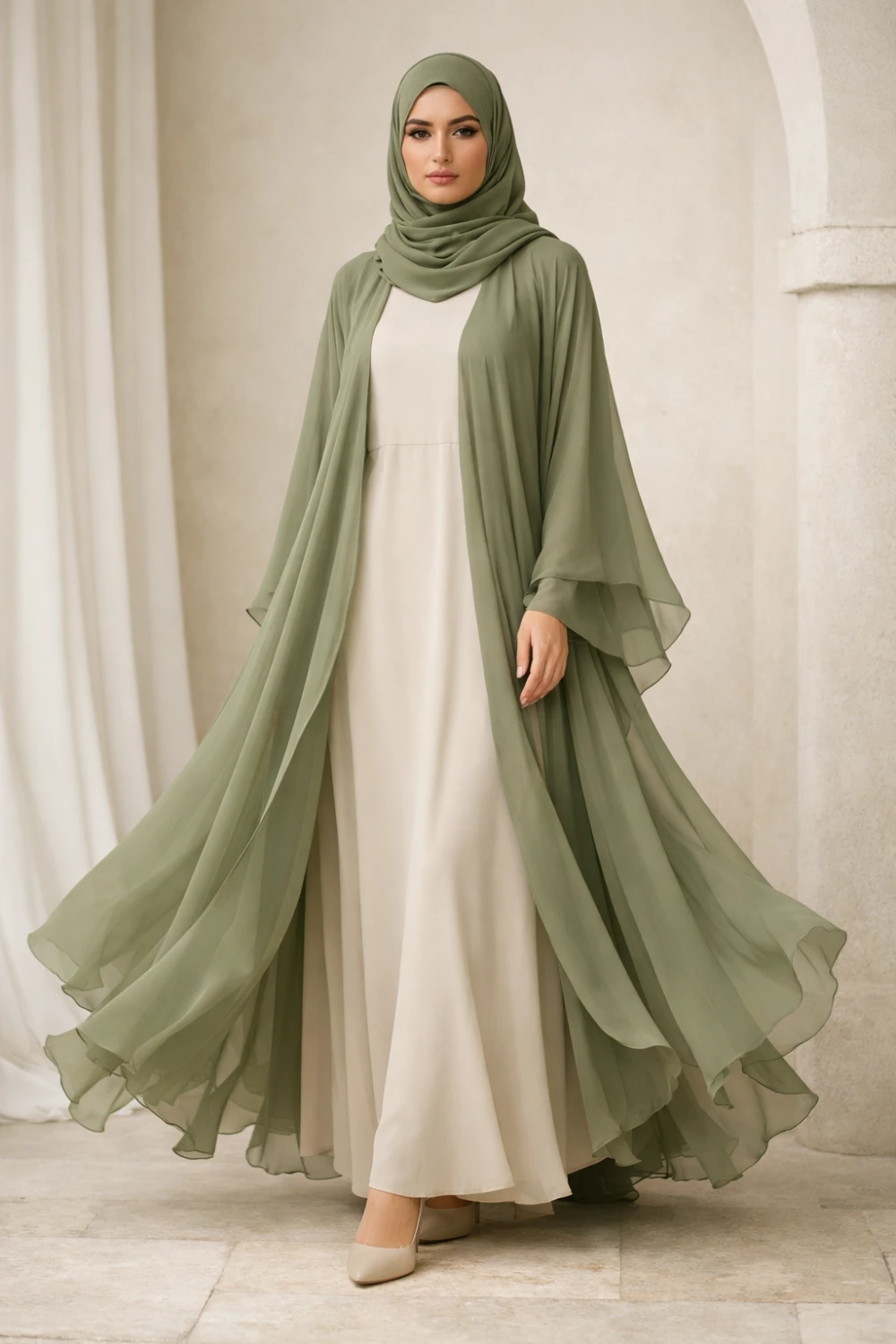 sage green open front chiffon abaya layered modest outfit elegant modest fashion inspiration