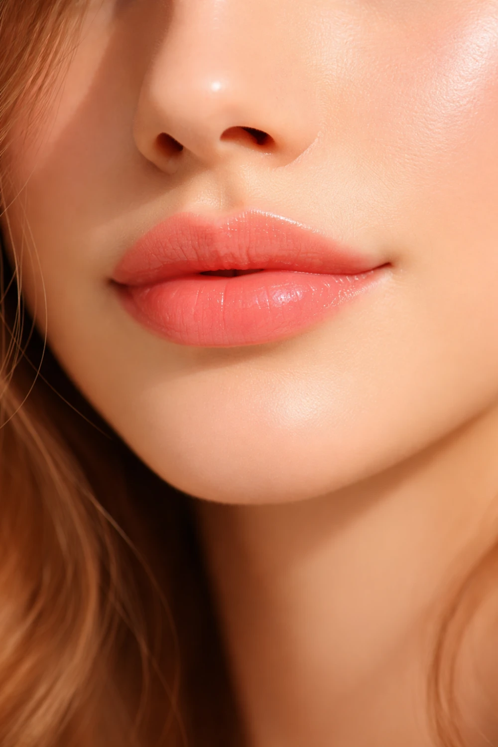 Warm beige nude lipstick shade on lips natural makeup look