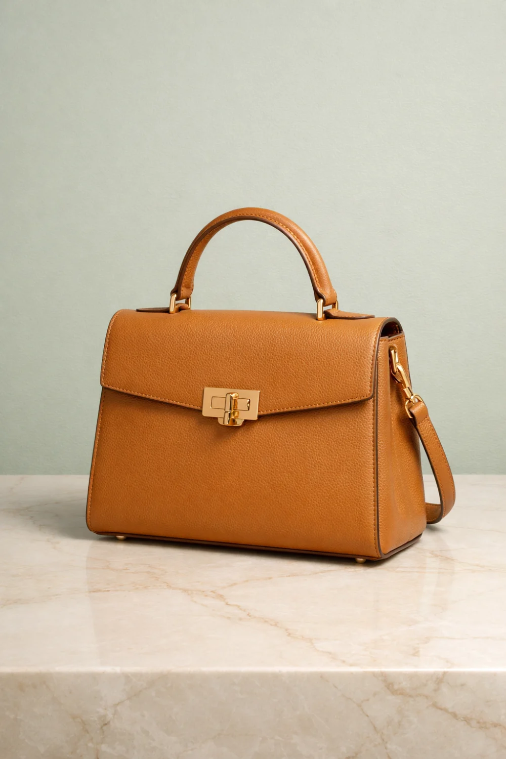 Camel structured leather handbag with elegant gold clasp