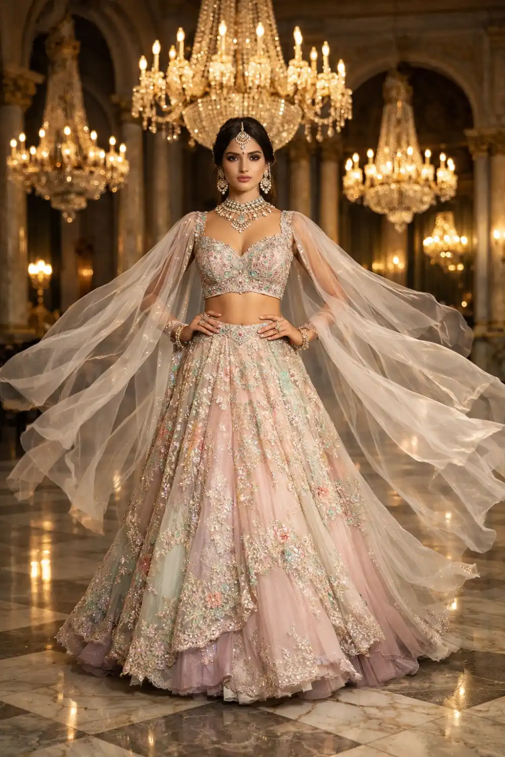 Pastel embroidered bridal lehenga with flowing dupatta elegant Indian wedding dress