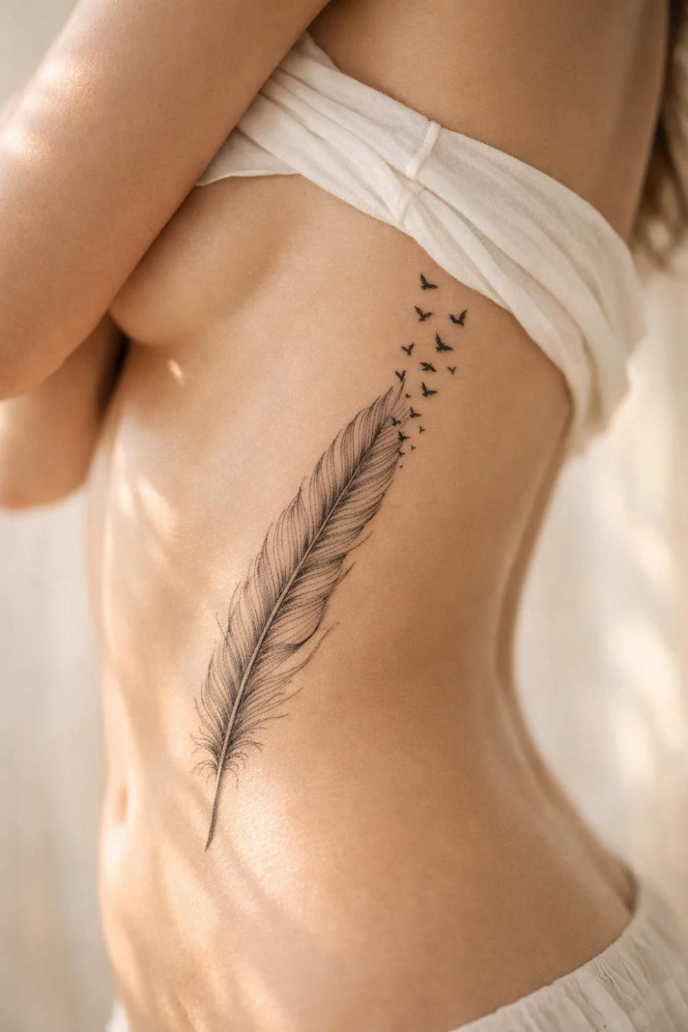 feather rib tattoo for women delicate fine line feather with birds feminine side tattoo