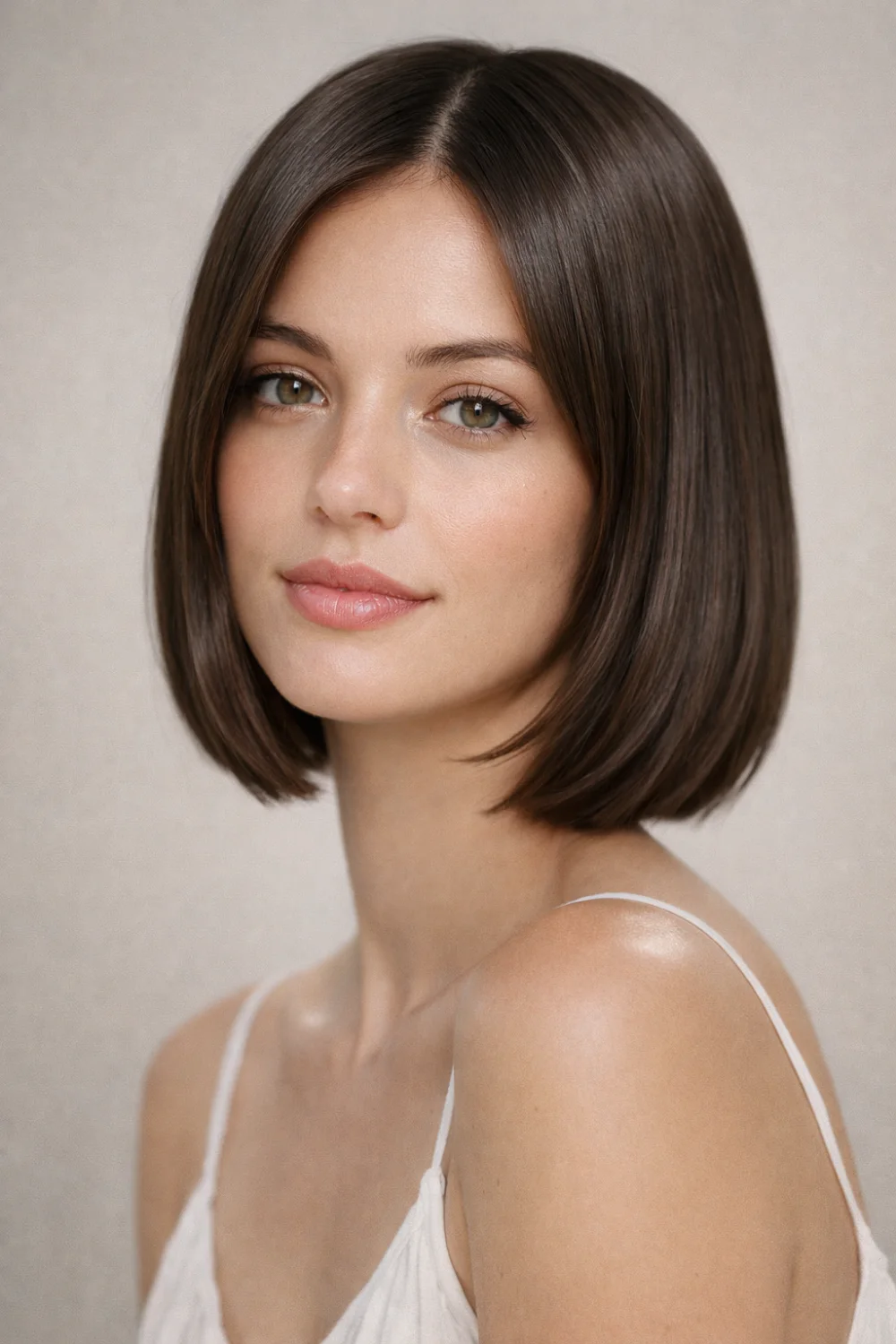 sleek center part short bob hairstyle smooth straight short hair elegant women style