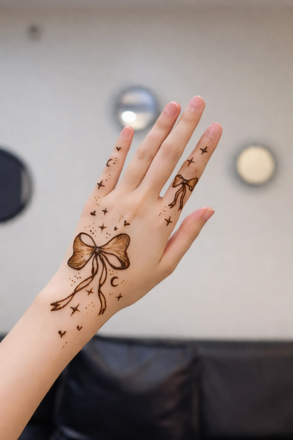 cute bow mehndi design with stars and tiny hearts minimal henna pattern aesthetic modern mehndi inspiration