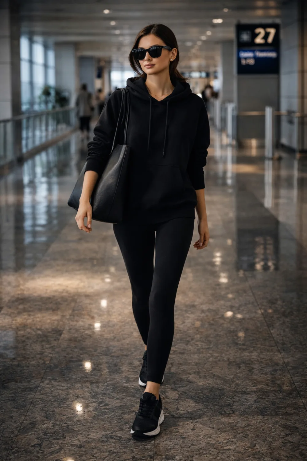 all black athleisure airport outfit idea sleek travel style hoodie and leggings airport fashion look