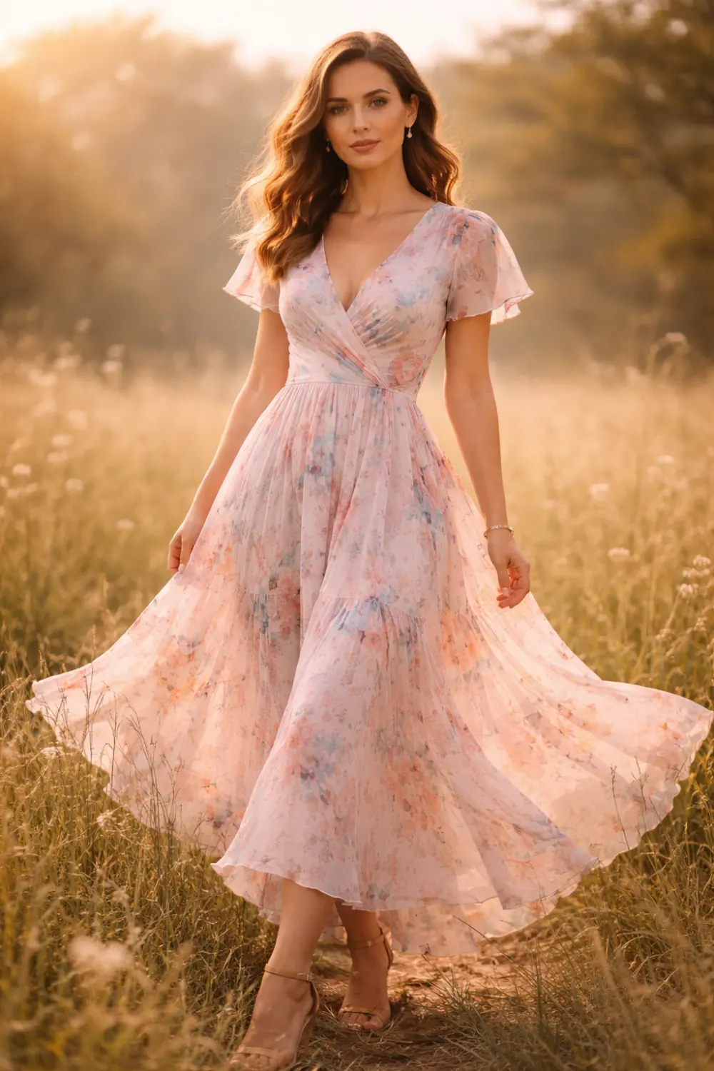 pastel floral chiffon dress bridal shower guest outfit romantic spring event look