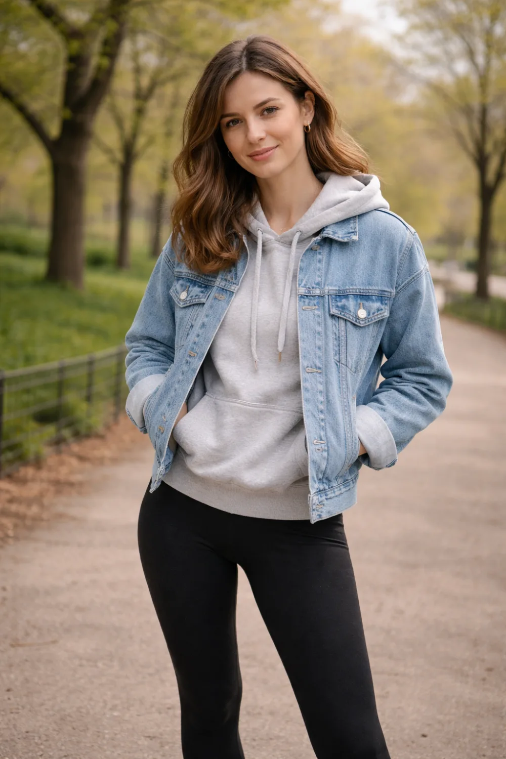 casual denim jacket outfit with grey hoodie and black leggings cozy cold spring outfit idea sporty everyday layered street style look