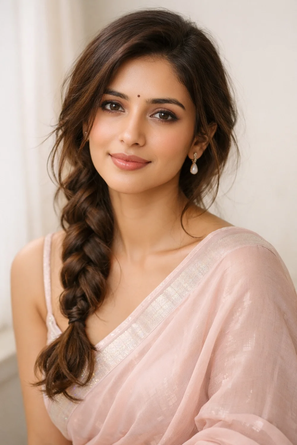 Elegant Indian woman wearing a pastel saree with loose side braid hairstyle resting over one shoulder, soft strands framing the face creating a romantic saree hairstyle.