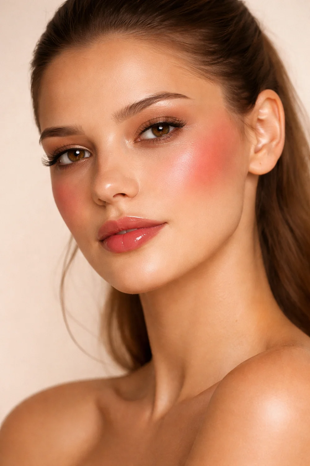 Soft cherry blush makeup look with glowing skin natural eyeshadow and glossy lips creating a fresh romantic beauty style perfect for everyday makeup inspiration