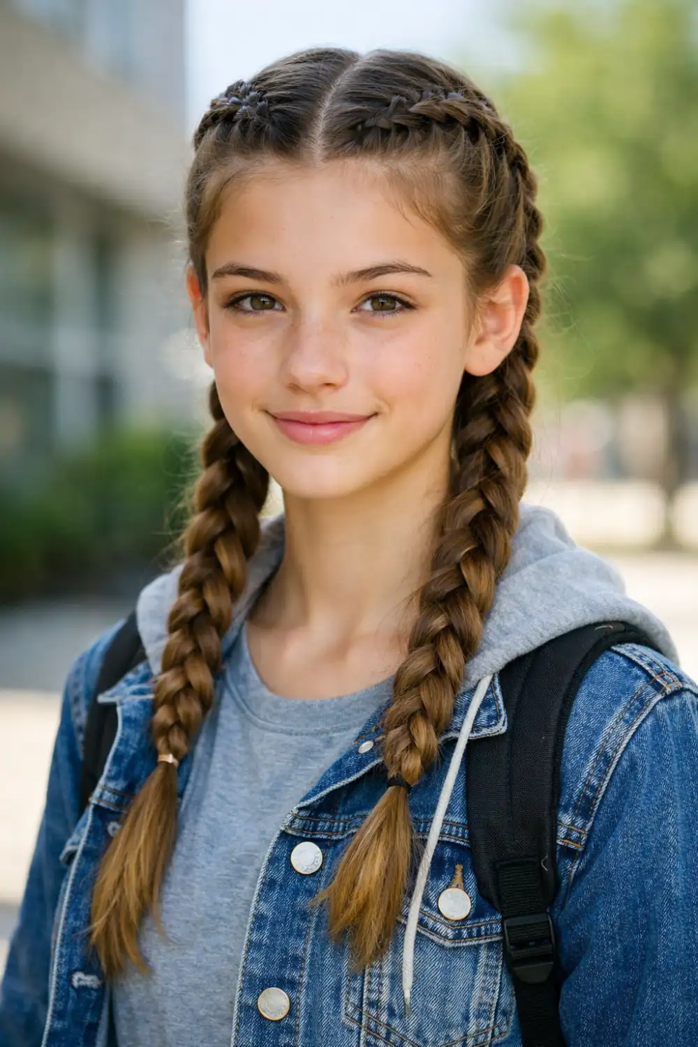 Double dutch braids hairstyle for school girls with two neat braids from the front hairline, sporty cute school hairstyle idea that keeps hair secure all day.