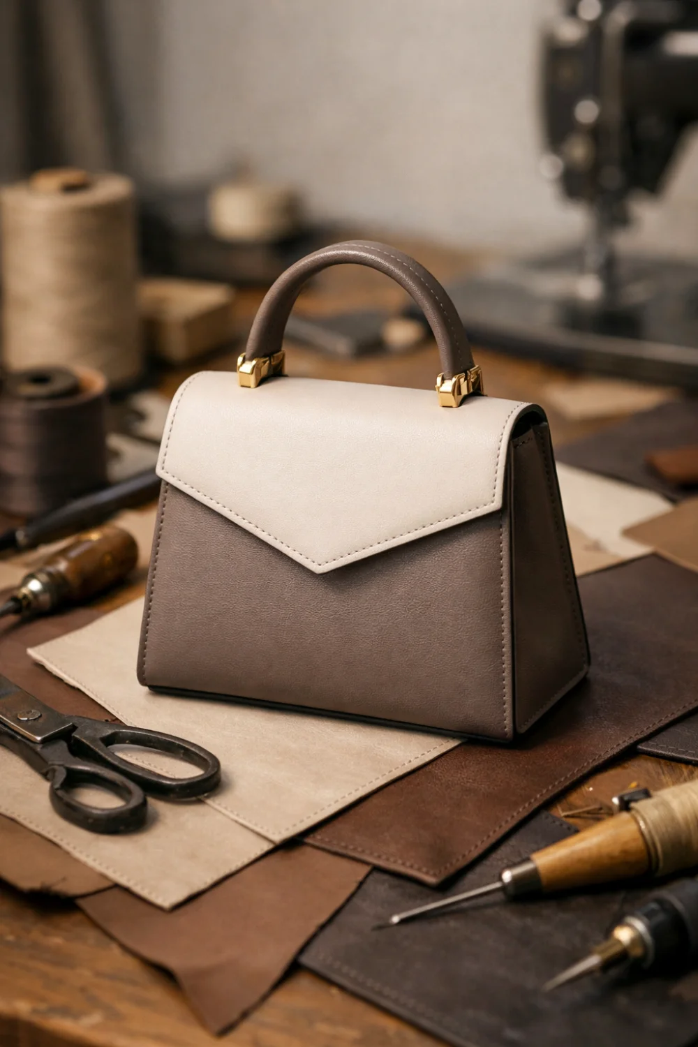 Structured mini top handle handbag sewing pattern placed on a leather crafting workspace with scissors, fabric pieces and sewing tools, stylish DIY handbag idea for modern fashion