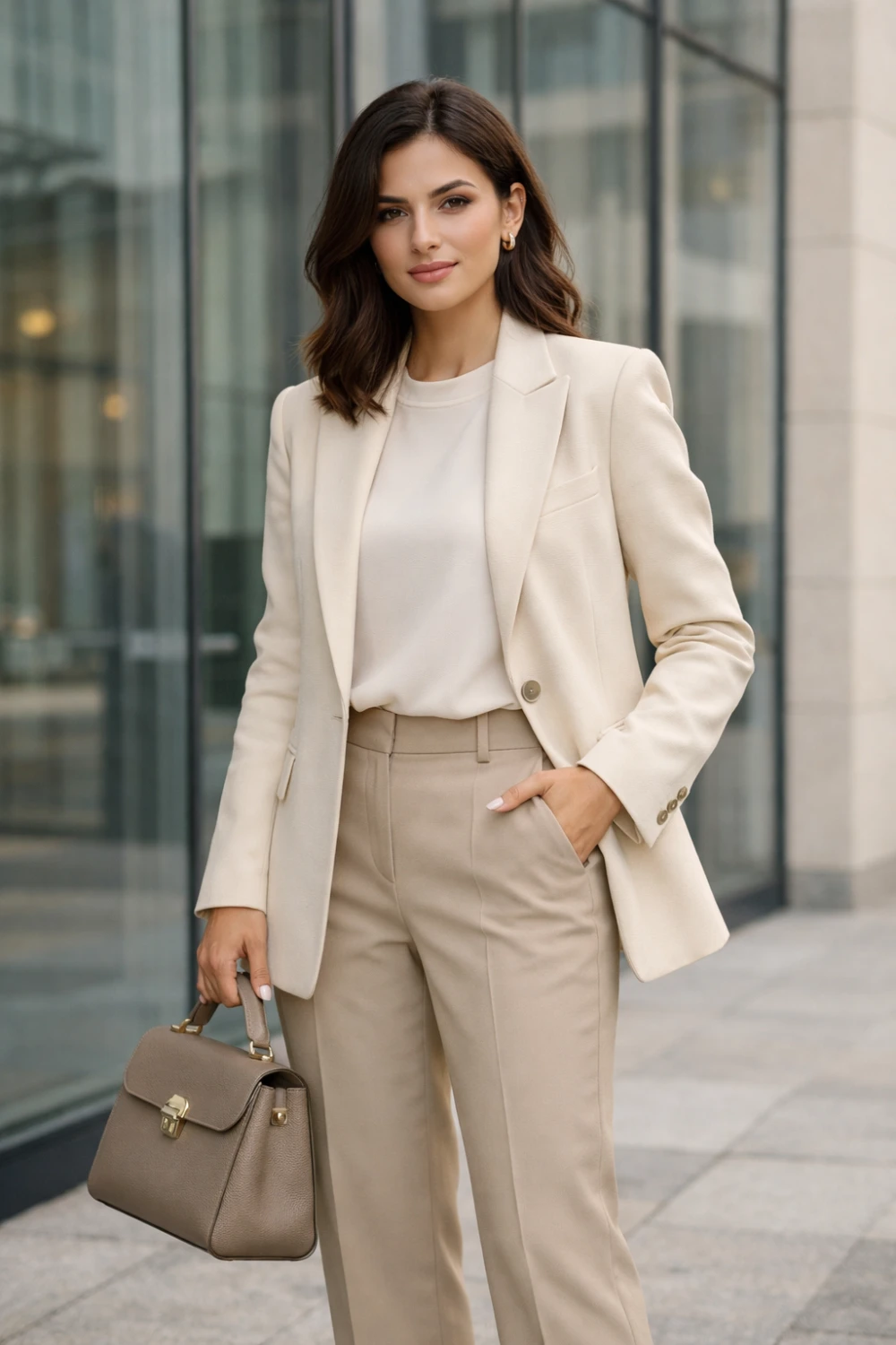 Chic modest outfit featuring a tailored blazer with straight leg trousers in neutral tones, creating a polished and elegant modest office style.