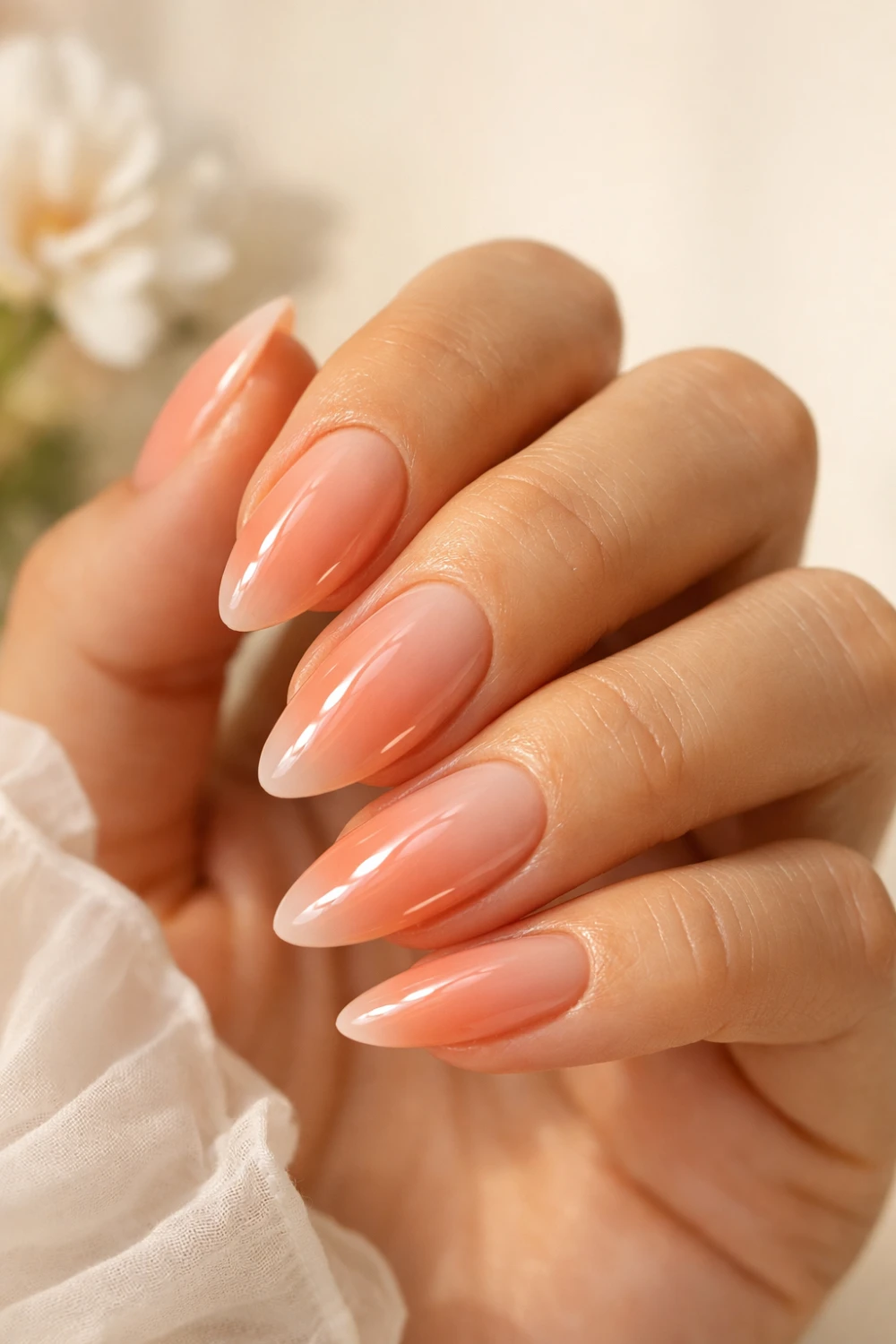 peach ombre almond nails glossy gradient spring manicure