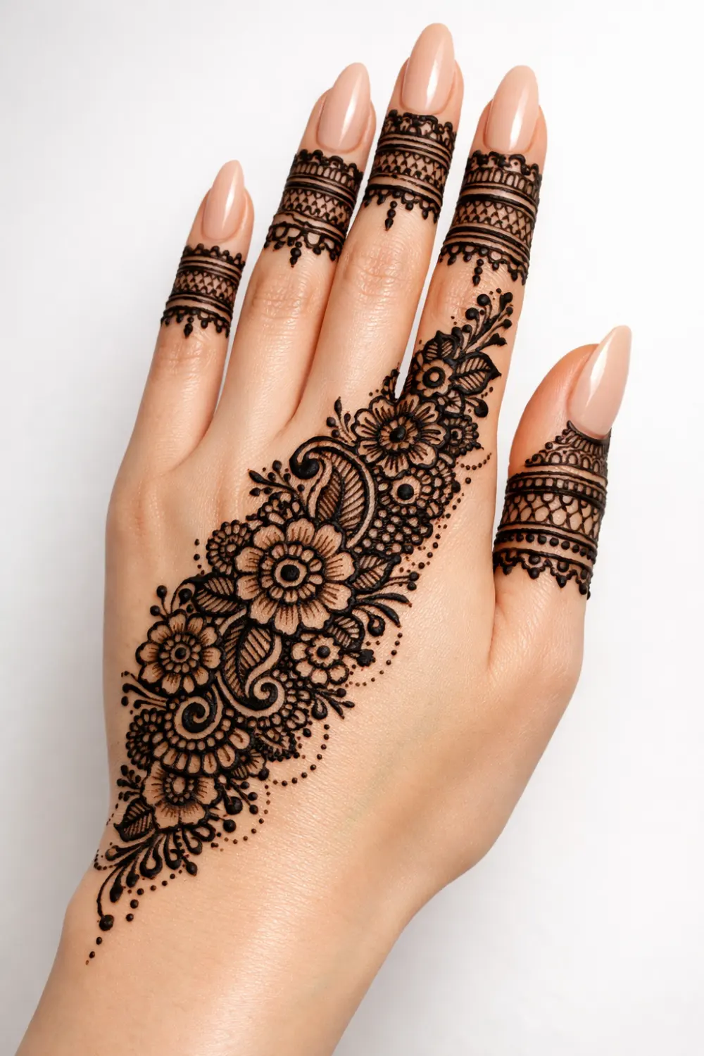dense floral diagonal arabic mehndi heavy back hand mehndi design with detailed finger bands
