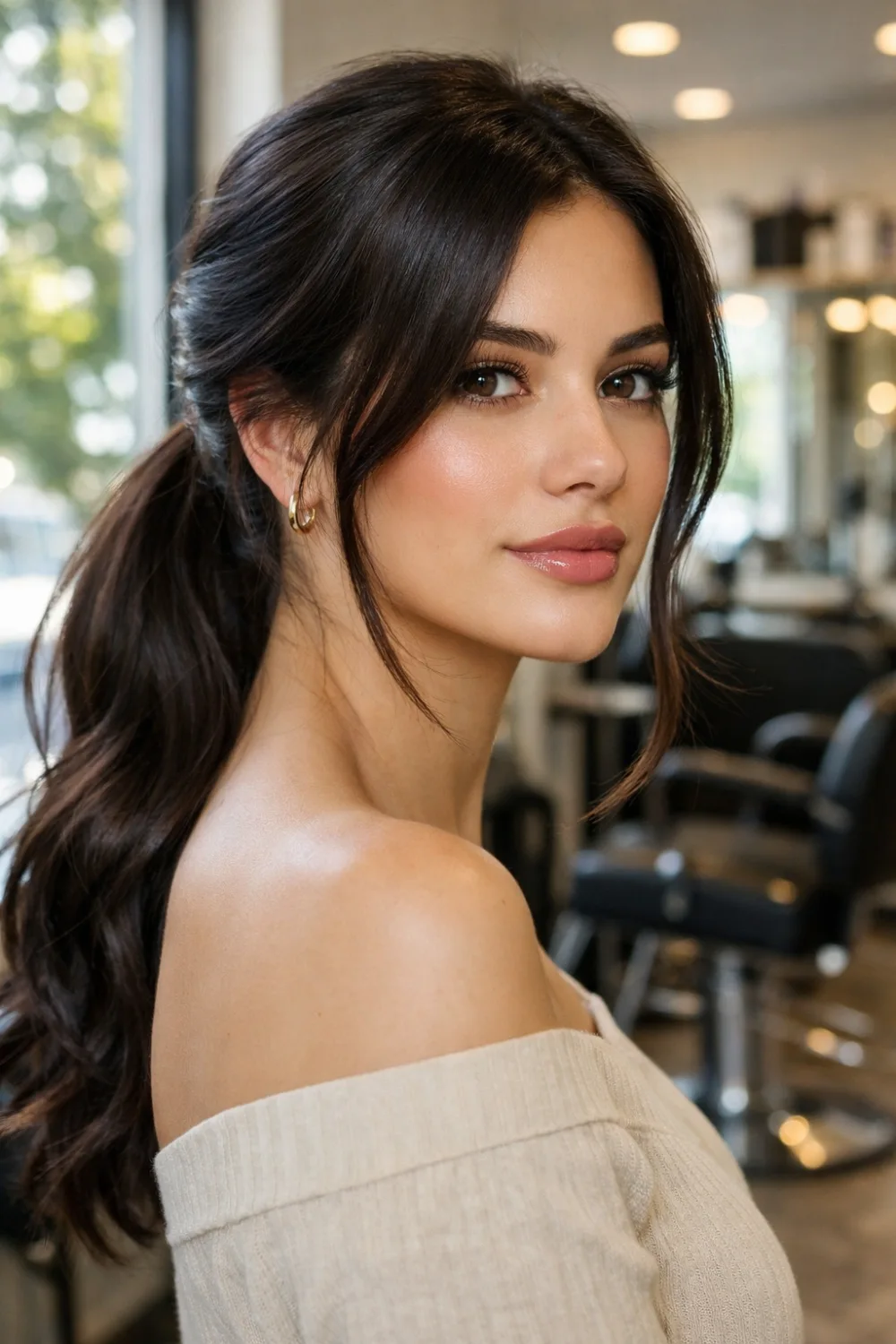 deep espresso brown hair color for brunettes sleek ponytail glossy dark brunette hairstyle salon hair inspiration