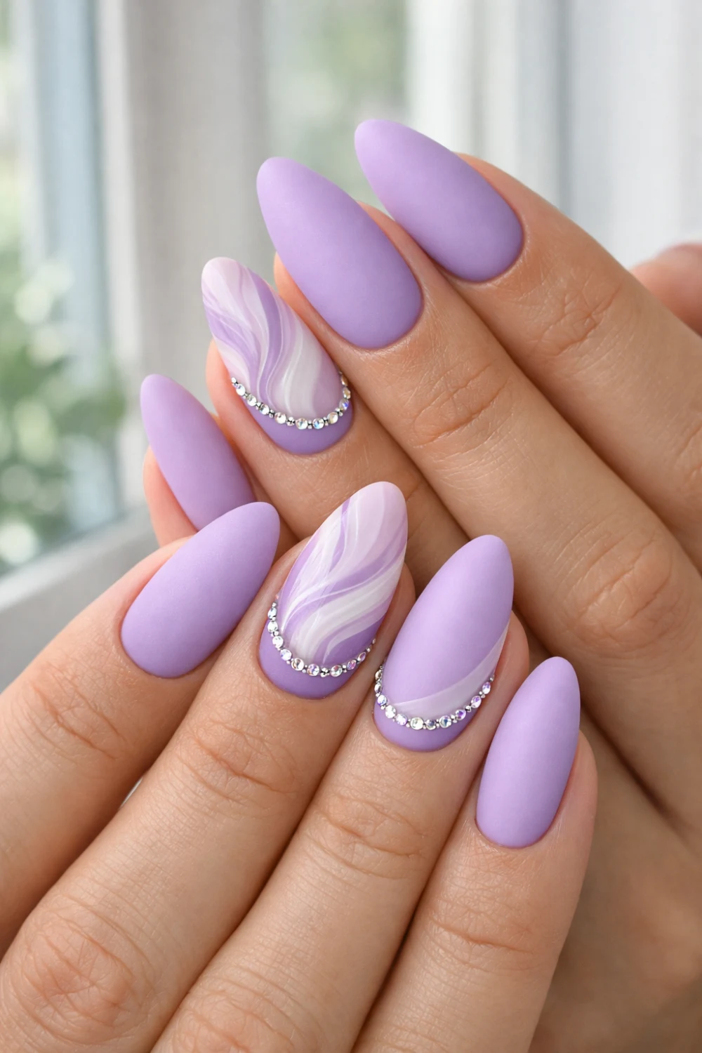 matte lavender almond nails with marble swirl accent nail art and crystal curve detail elegant pastel manicure inspiration